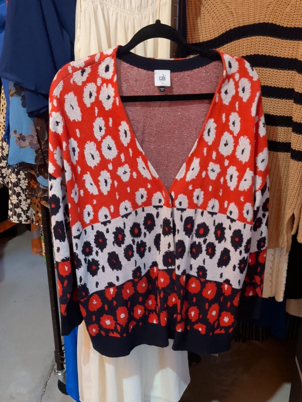 CAbi Red, White & Black Floral Spot Cardigan